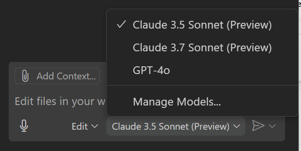 Screenshot of the Copilot Chat model picker